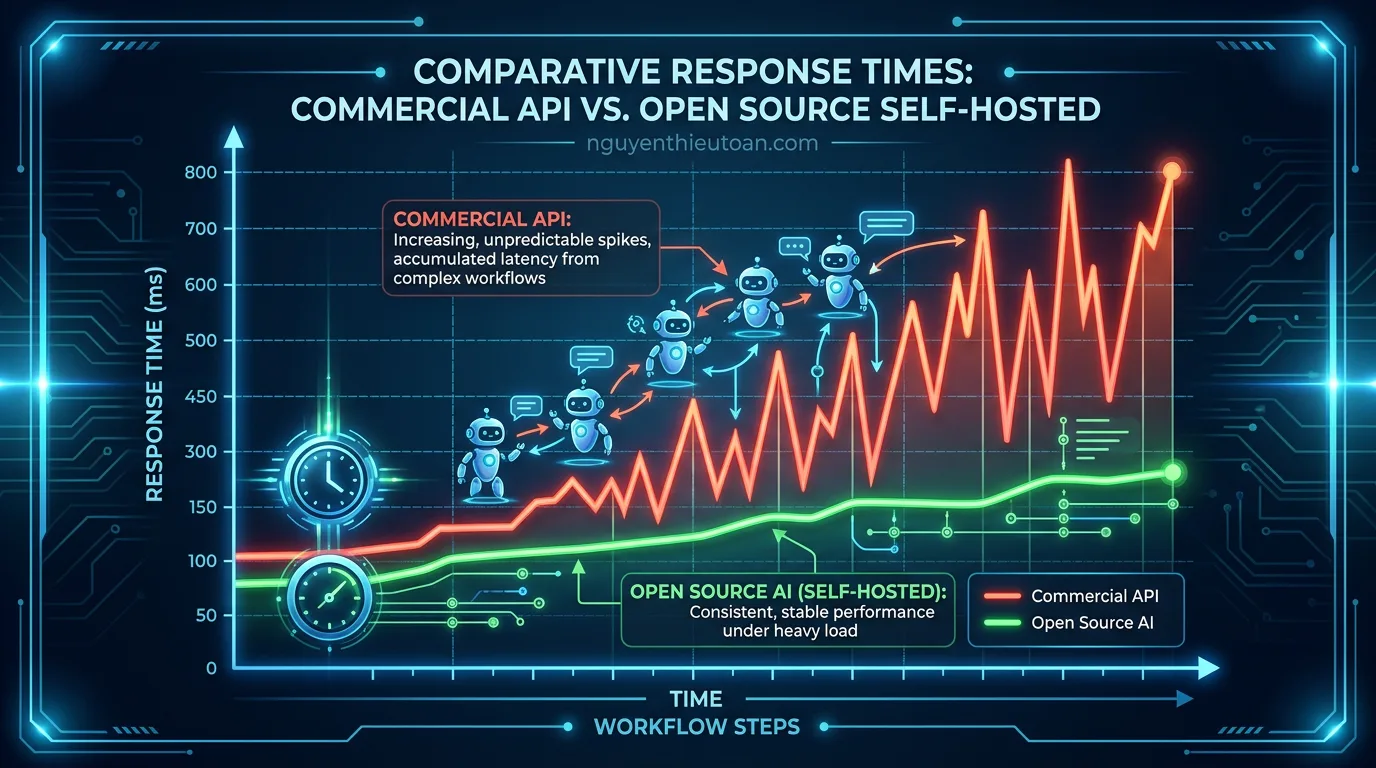 [nguyenthieutoan.com] Biểu đồ so sánh tốc độ phản hồi giữa API thương mại và Open Source AI self-hosted, thể hiện sự tích lũy độ trễ khi có nhiều AI agent gọi nhau trong workflow phức tạp