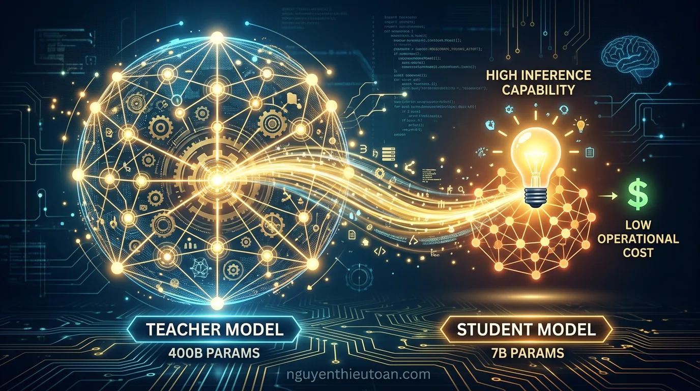 [nguyenthieutoan.com] Minh họa kỹ thuật Distillation trong AI: teacher model lớn 400 tỷ tham số truyền kiến thức cho student model nhỏ 7 tỷ tham số, kết quả là model nhỏ có khả năng suy luận cao với chi phí vận hành thấp