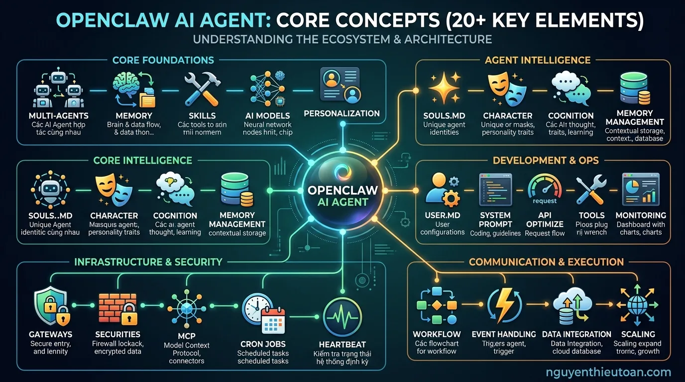 [nguyenthieutoan.com] Infographic 20+ khái niệm quan trọng của OpenClaw AI Agent bao gồm: Multi-Agents, Cron Jobs, Heartbeat, Memory, Skills, Gateways, User.md, Souls.md, API Optimize, AI Models, MCP, Securities