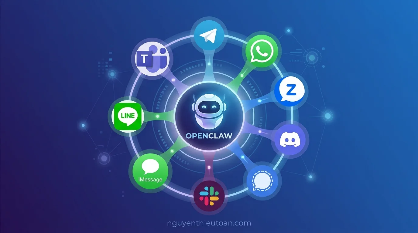 [nguyenthieutoan.com] OpenClaw hỗ trợ kết nối với nhiều kênh giao tiếp: Telegram, WhatsApp, Zalo, Discord, Signal, Slack, iMessage, LINE, Microsoft Teams