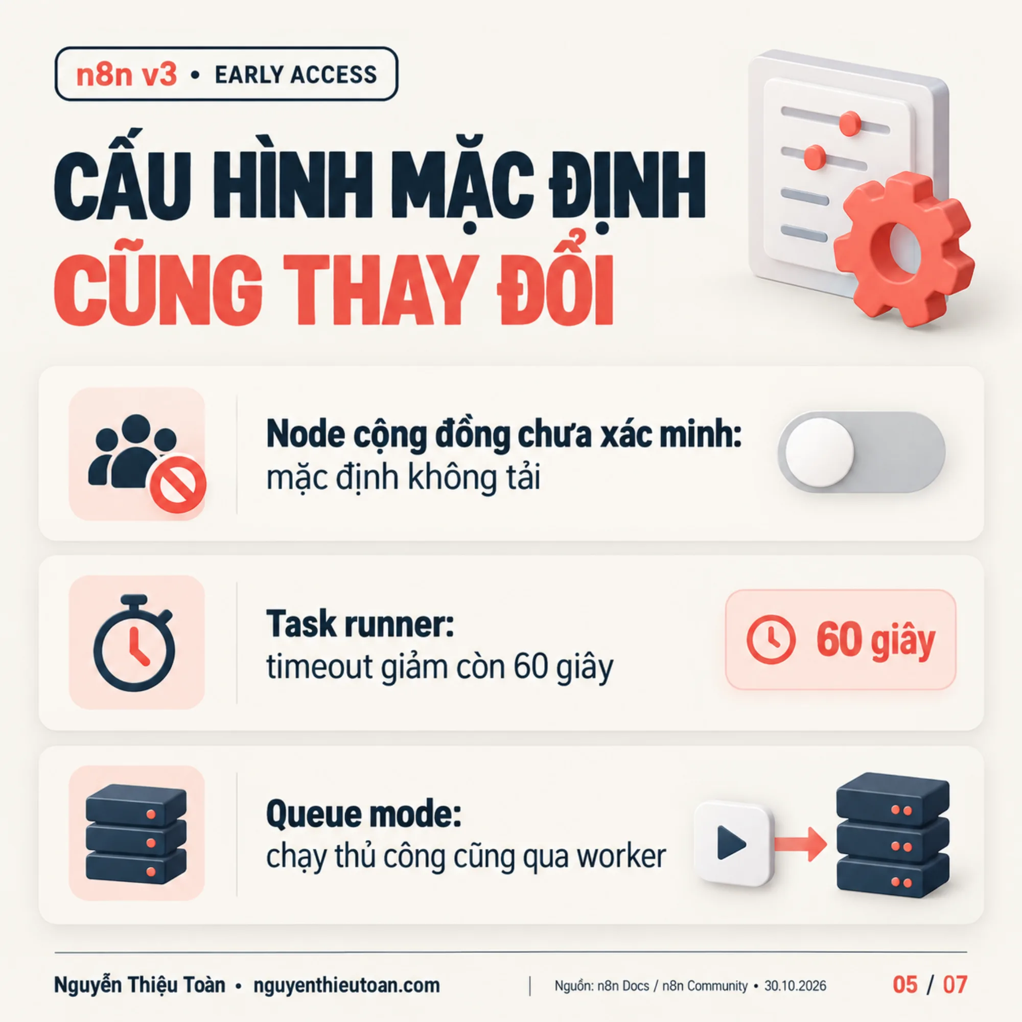 [nguyenthieutoan.com] n8n v3.0 Cấu hình mặc định thay đổi: Node cộng đồng chưa xác minh không tải, Task runner timeout 60s, Queue mode manual run qua worker